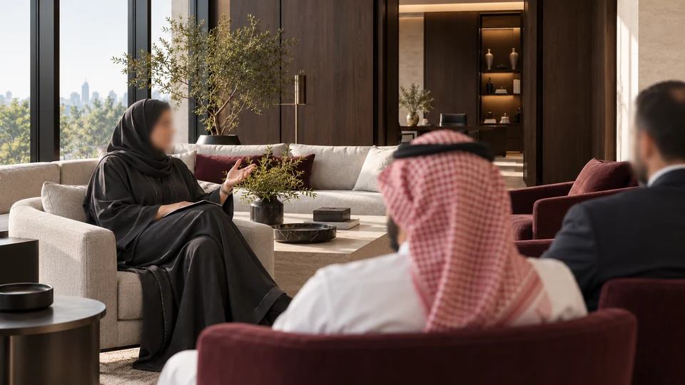 قيادية سعودية تخيّلية تتحدث أمام مجموعة صغيرة، مع تمويه طبيعي لوجهها.